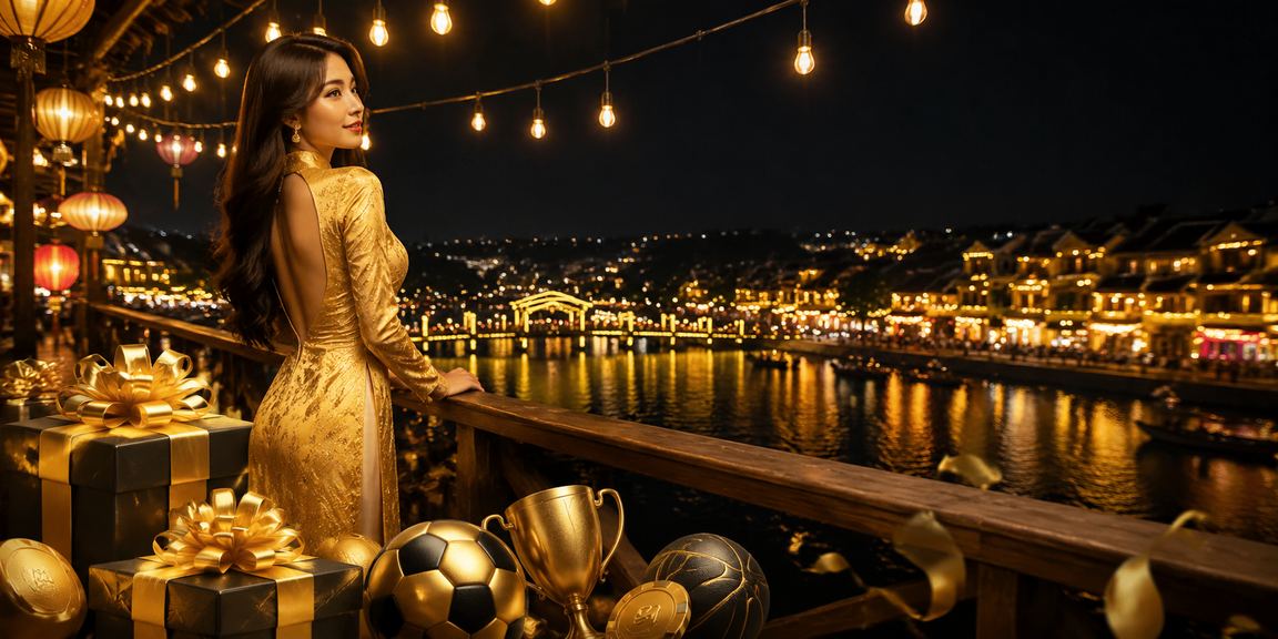 Phụ nữ áo dài tại Hội An xem kết quả cá cược thể thao dưới ánh đèn lồng phố cổ về đêm