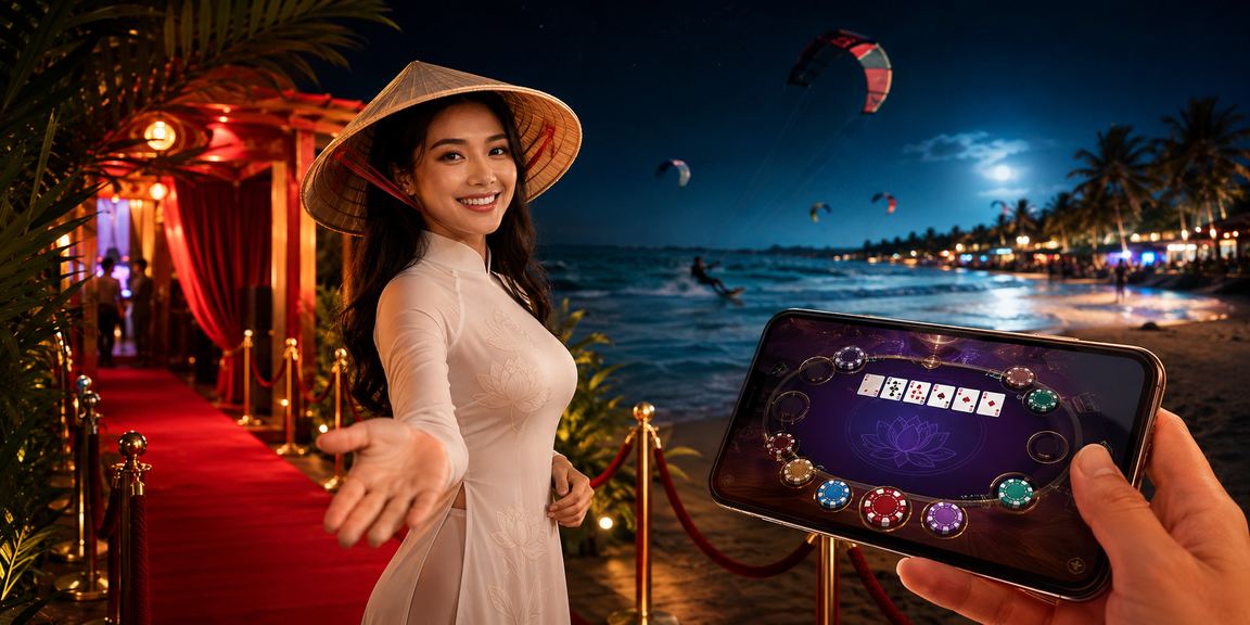 Cảnh tổng quan sảnh cá cược và casino trực tuyến Việt Nam với đèn neon sặc sỡ
